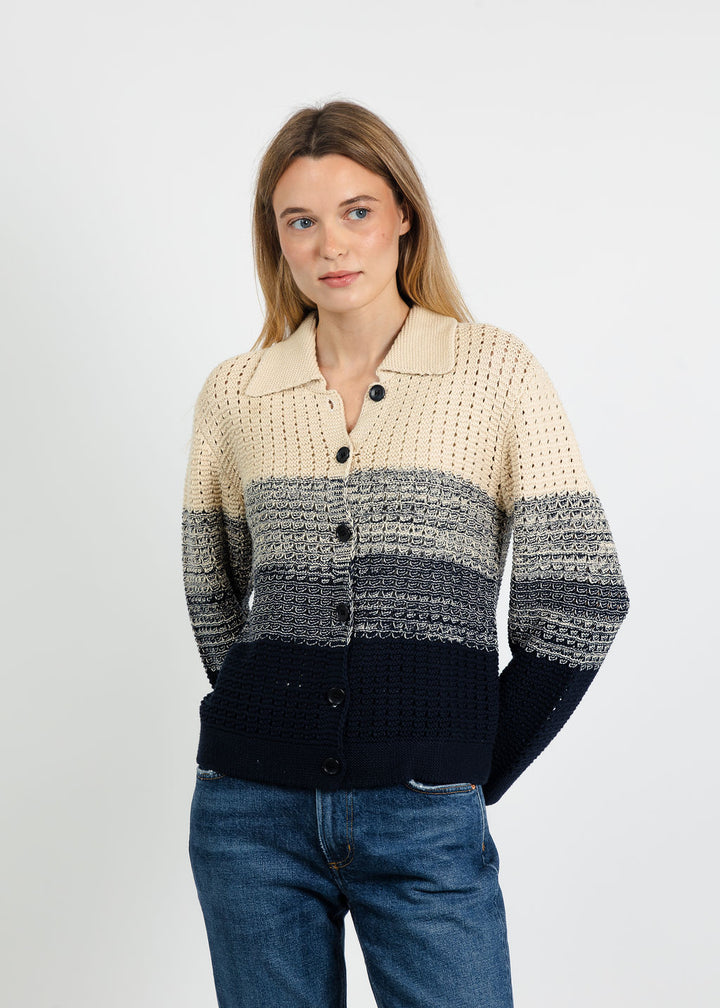Central Park West Jacy Gradient Crochet Cardigan in Flax/Navy available at Barbara Katz