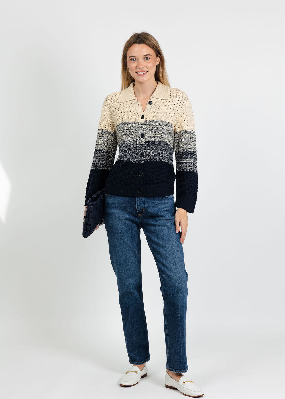 Central Park West Jacy Gradient Crochet Cardigan in Flax/Navy paired with Citizens of Humanity Savannah Cigarette Jean in Cruise available at Barbara Katz