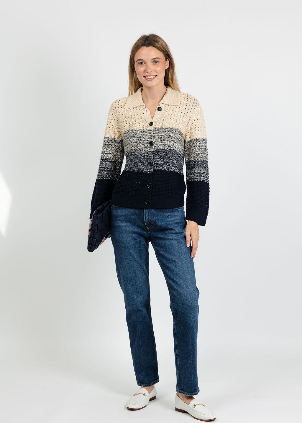 Central Park West Jacy Gradient Crochet Cardigan in Flax/Navy paired with Citizens of Humanity Savannah Cigarette Jean in Cruise available at Barbara Katz