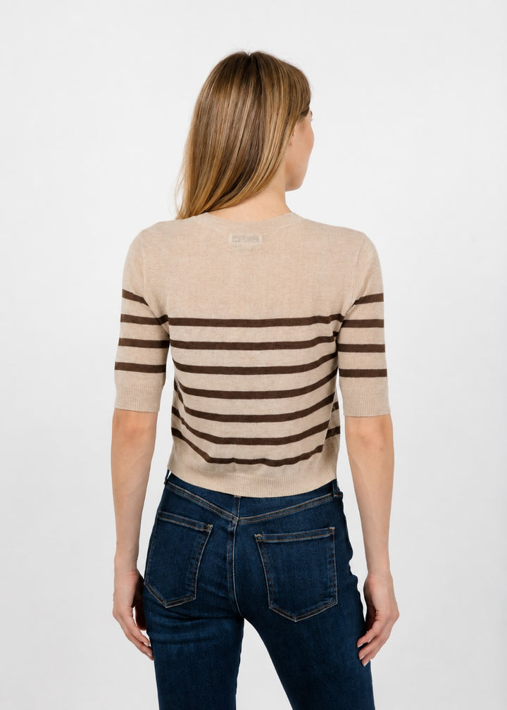 Central Park West Marlon Striped Sheer Cardigan in Oat/Chocolate available at Barbara Katz