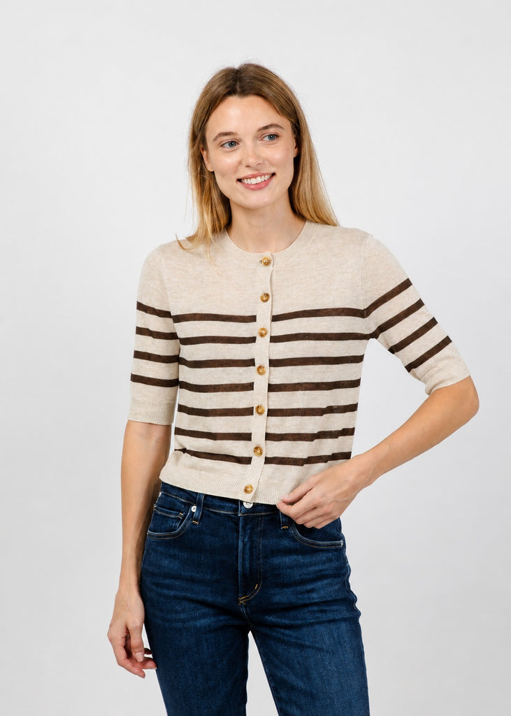 Central Park West Marlon Striped Sheer Cardigan - Oat/Chocolate