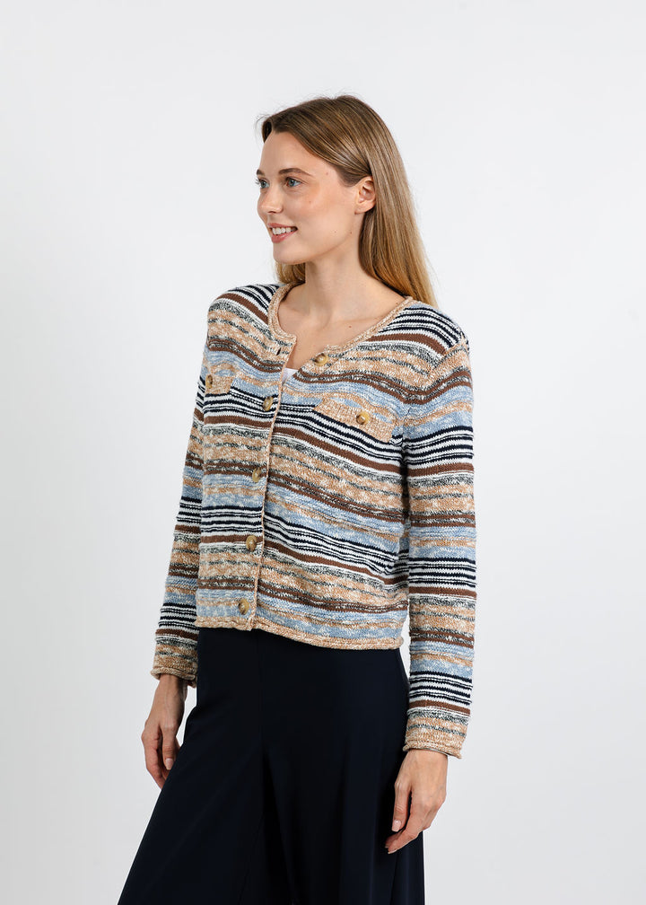 Central Park West Marlon Textured Stitch Cardigan in Brown Blue/Multi available at Barbara Katz