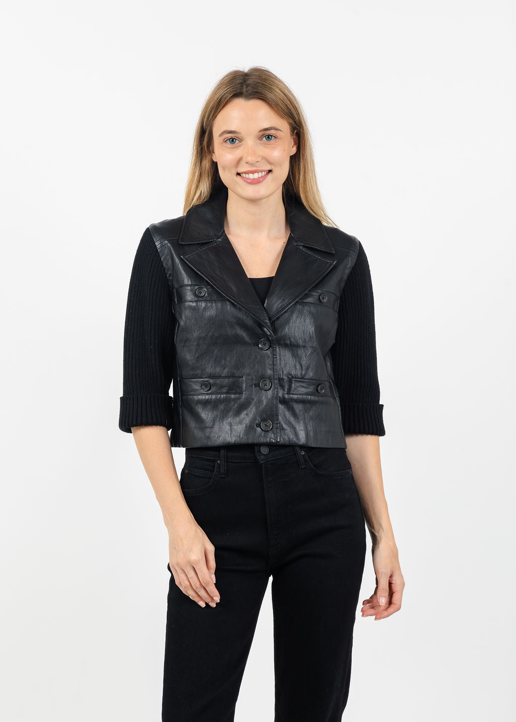 Central Park West Quinn Cropped Vegan Sweater Jacket in Black available at Barbara Katz