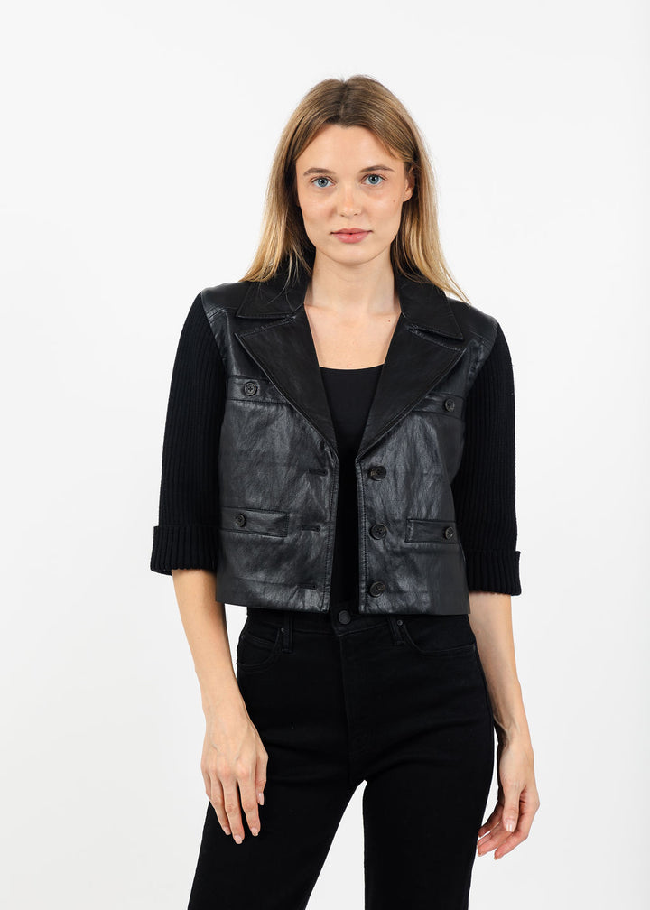 Central Park West Quinn Cropped Vegan Sweater Jacket in Black available at Barbara Katz
