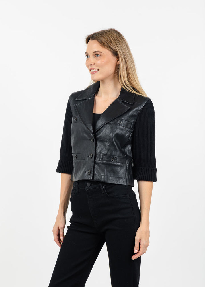 Central Park West Quinn Cropped Vegan Sweater Jacket in Black available at Barbara Katz