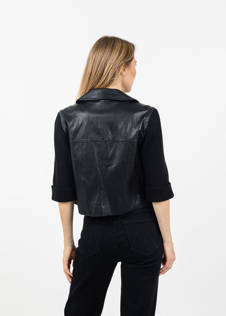 Central Park West Quinn Cropped Vegan Sweater Jacket in Black available at Barbara Katz