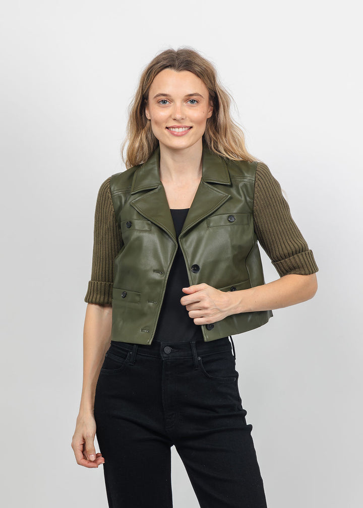 Central Park West Quinn Cropped Vegan Sweater Jacket in Olive available at Barbara Katz