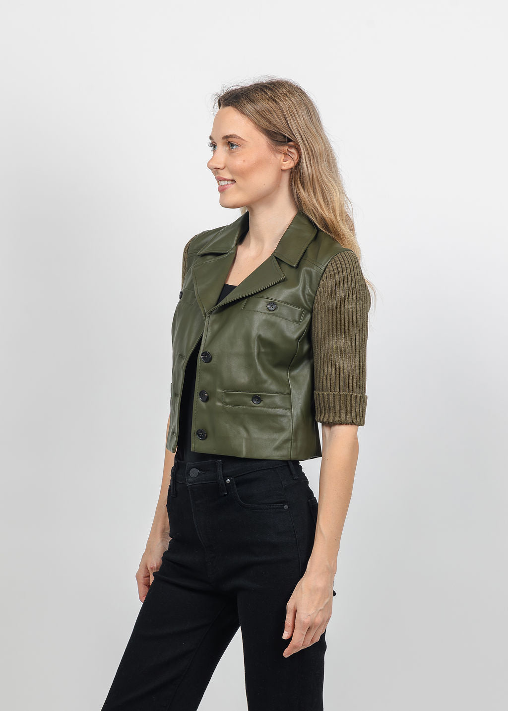Central Park West Quinn Cropped Vegan Sweater Jacket in Olive available at Barbara Katz