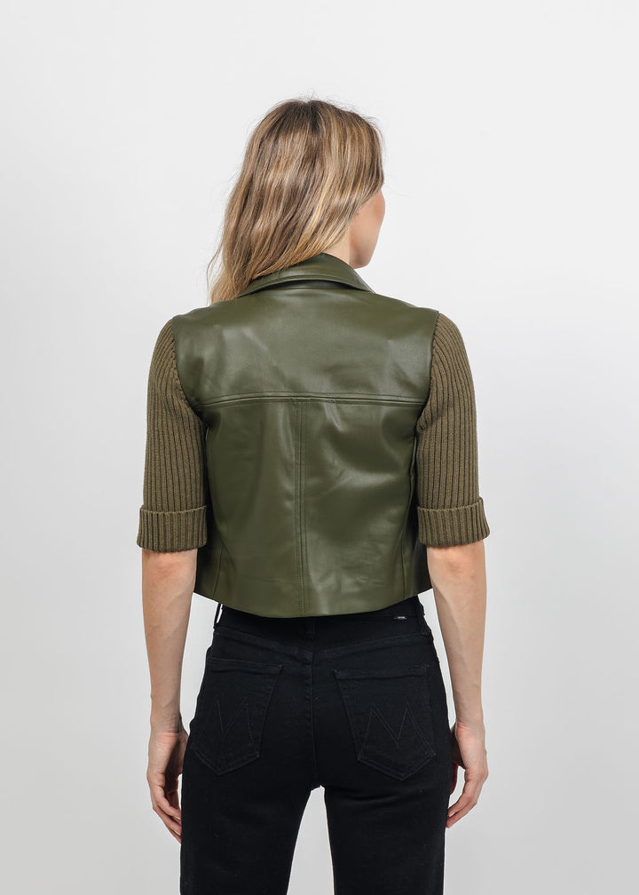 Central Park West Quinn Cropped Vegan Sweater Jacket in Olive available at Barbara Katz