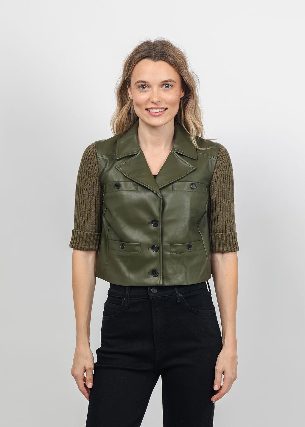 Central Park West Quinn Cropped Vegan Sweater Jacket in Olive available at Barbara Katz
