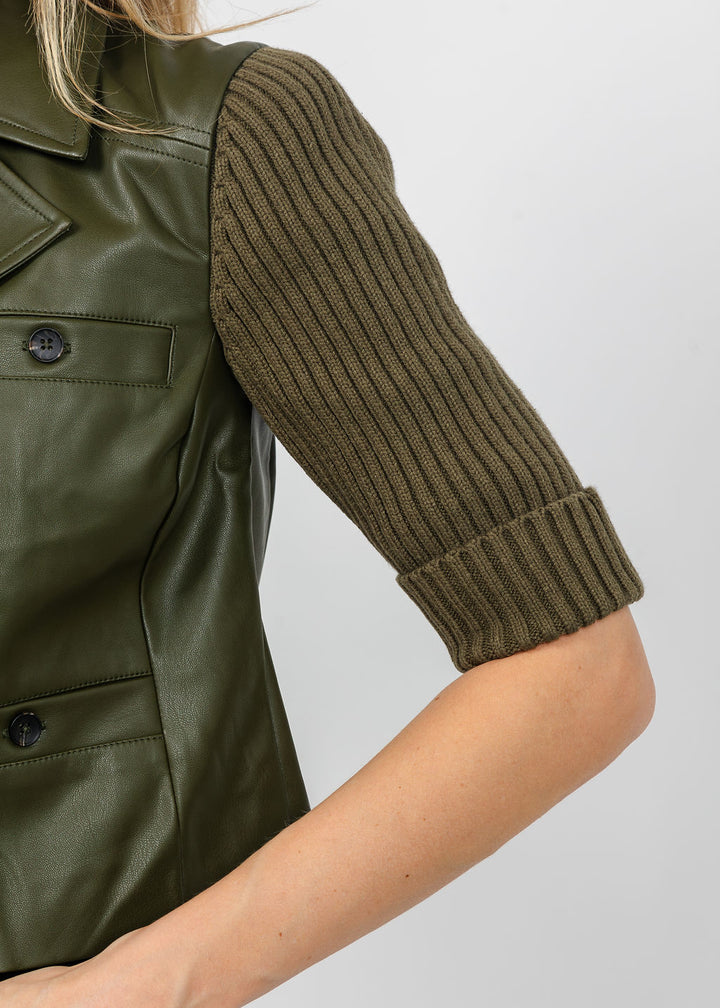 Central Park West Quinn Cropped Vegan Sweater Jacket in Olive available at Barbara Katz