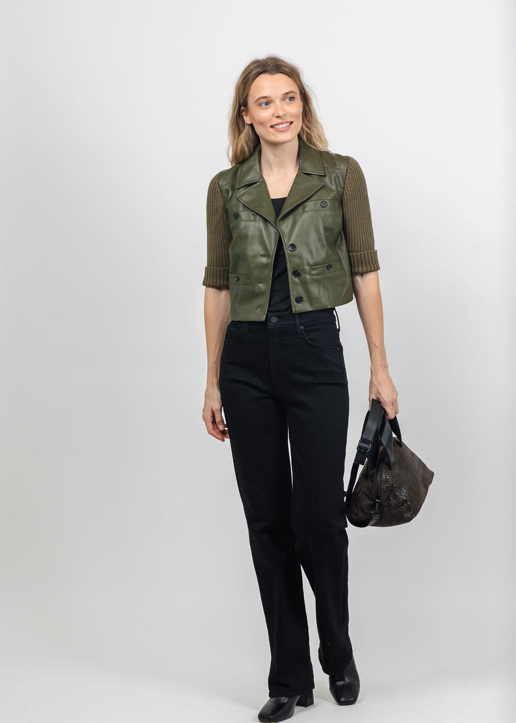 Central Park West Quinn Cropped Vegan Sweater Jacket in Olive available at Barbara Katz