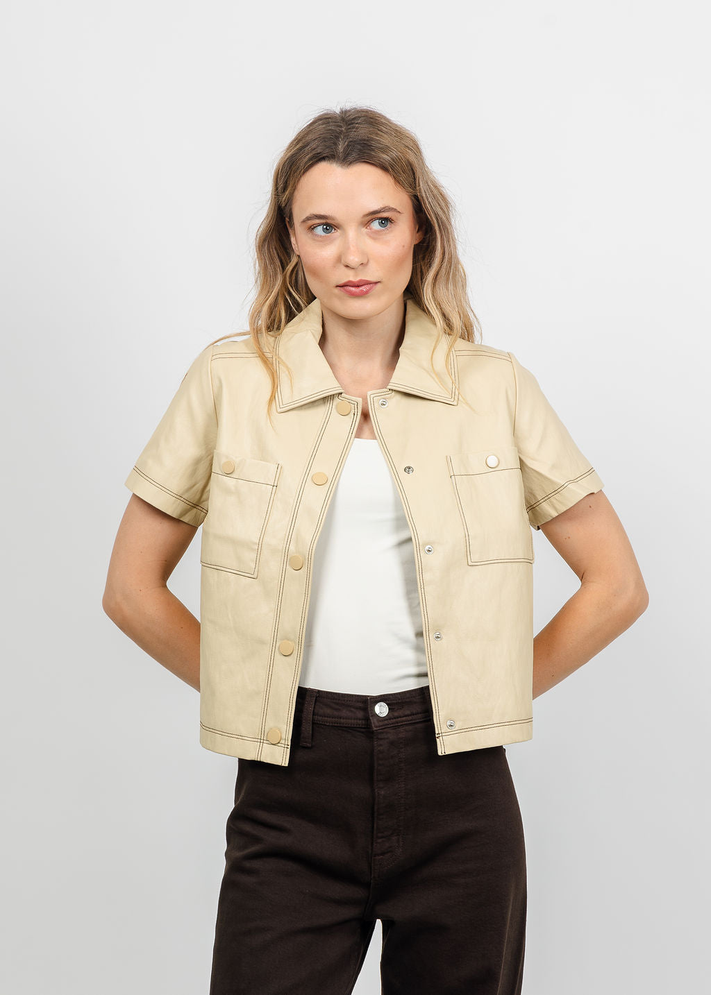 Central Park West Quinn Short Sleeve Vegan Cropped Jacket in Bone available at Barbara Katz