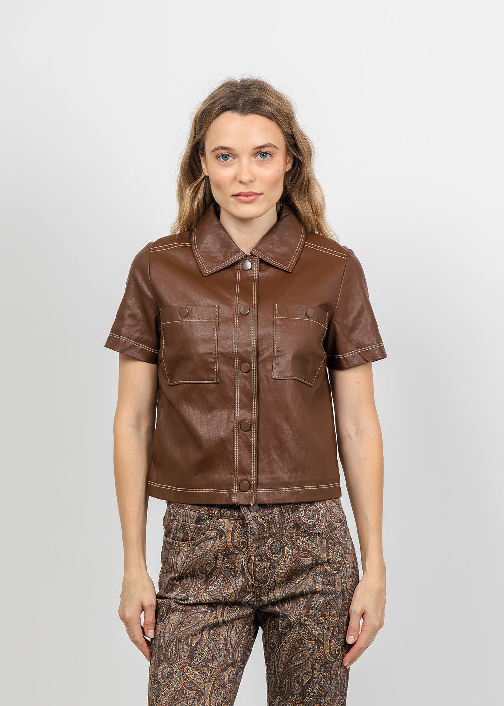 Central Park West Quinn Short Sleeve Vegan Cropped Jacket in Saddle available at Barbara Katz