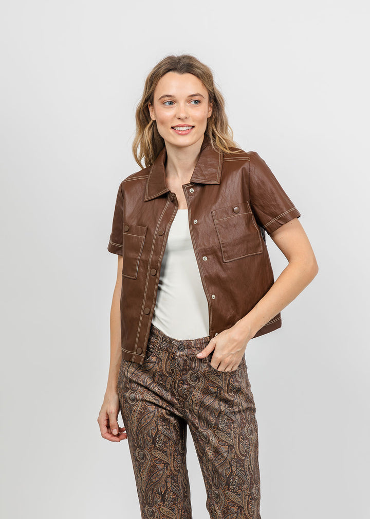 Central Park West Quinn Short Sleeve Vegan Cropped Jacket in Saddle available at Barbara Katz