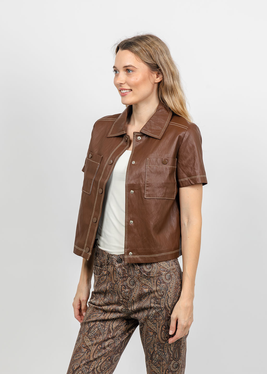 Central Park West Quinn Short Sleeve Vegan Cropped Jacket in Saddle available at Barbara Katz