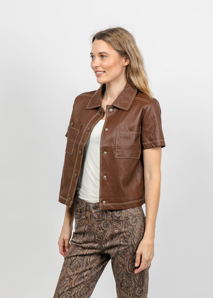 Central Park West Quinn Short Sleeve Vegan Cropped Jacket in Saddle available at Barbara Katz