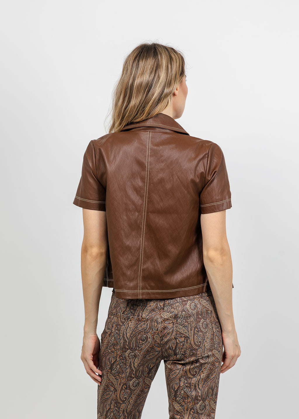 Central Park West Quinn Short Sleeve Vegan Cropped Jacket in Saddle available at Barbara Katz