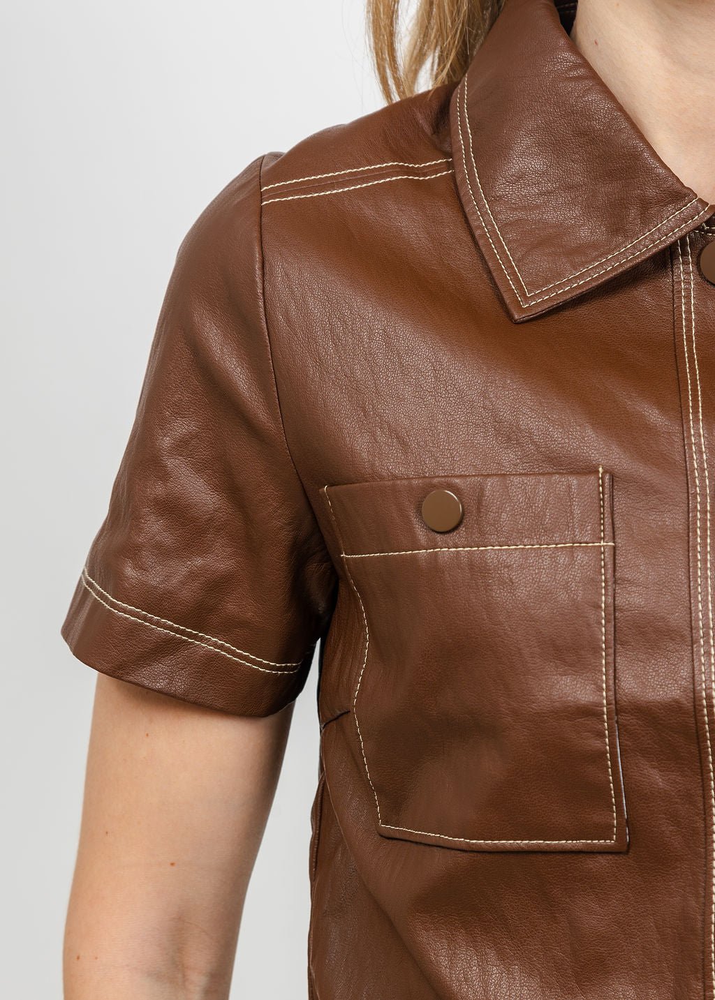 Central Park West Quinn Short Sleeve Vegan Cropped Jacket in Saddle available at Barbara Katz