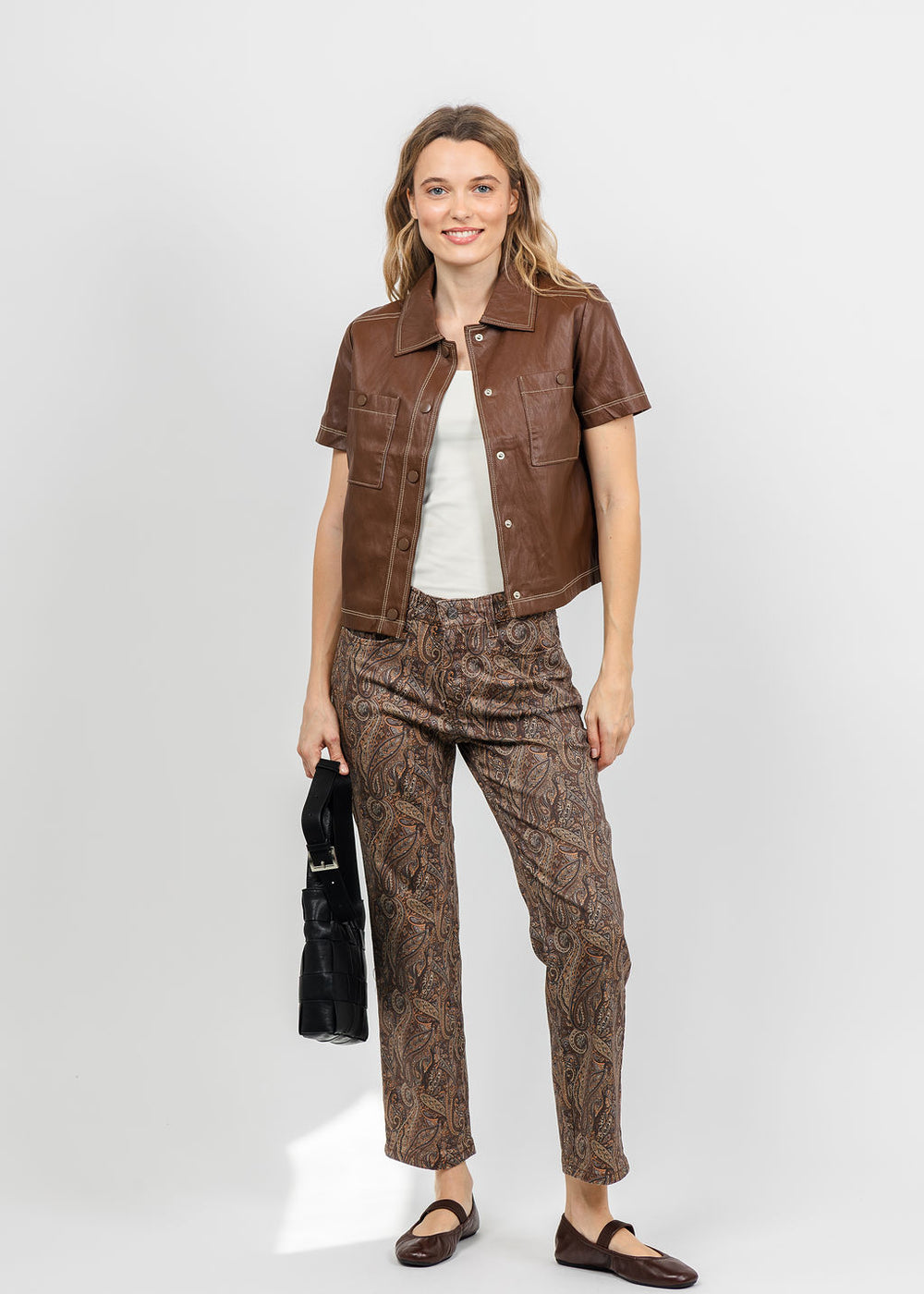 Central Park West Quinn Short Sleeve Vegan Cropped Jacket in Saddle available at Barbara Katz