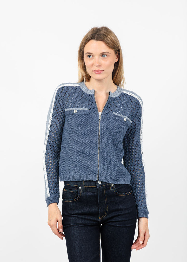 Central Park West Raya Mixed Stitch Zip Cardigan in Navy available at Barbara Katz