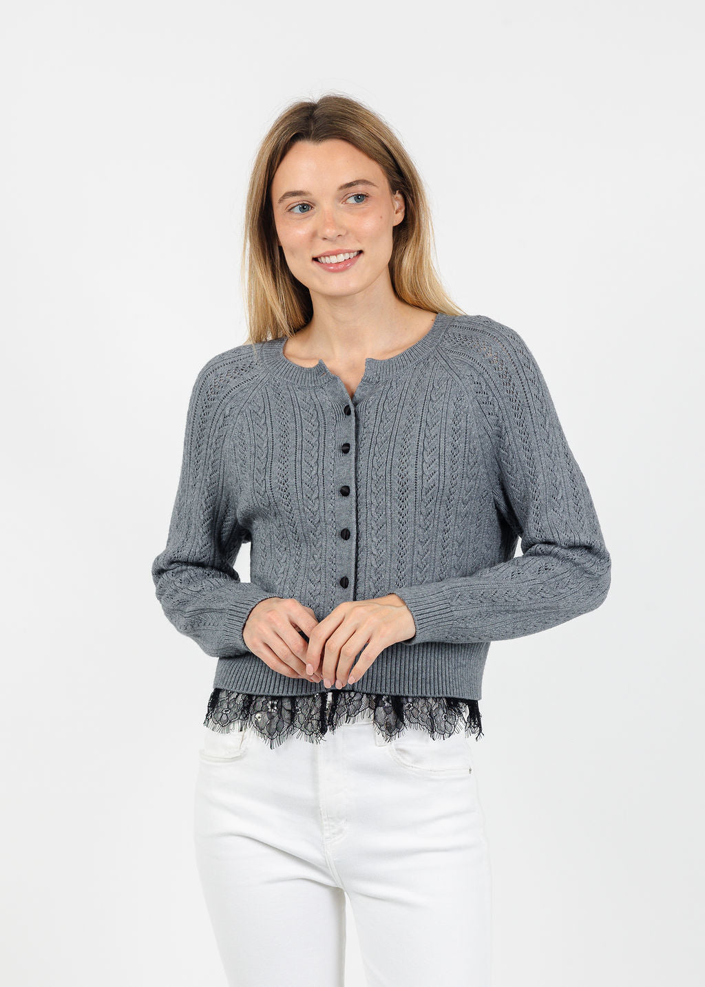 Central Park West Scarlet Lace Trim Cardigan in Heather Grey available at Barbara Katz