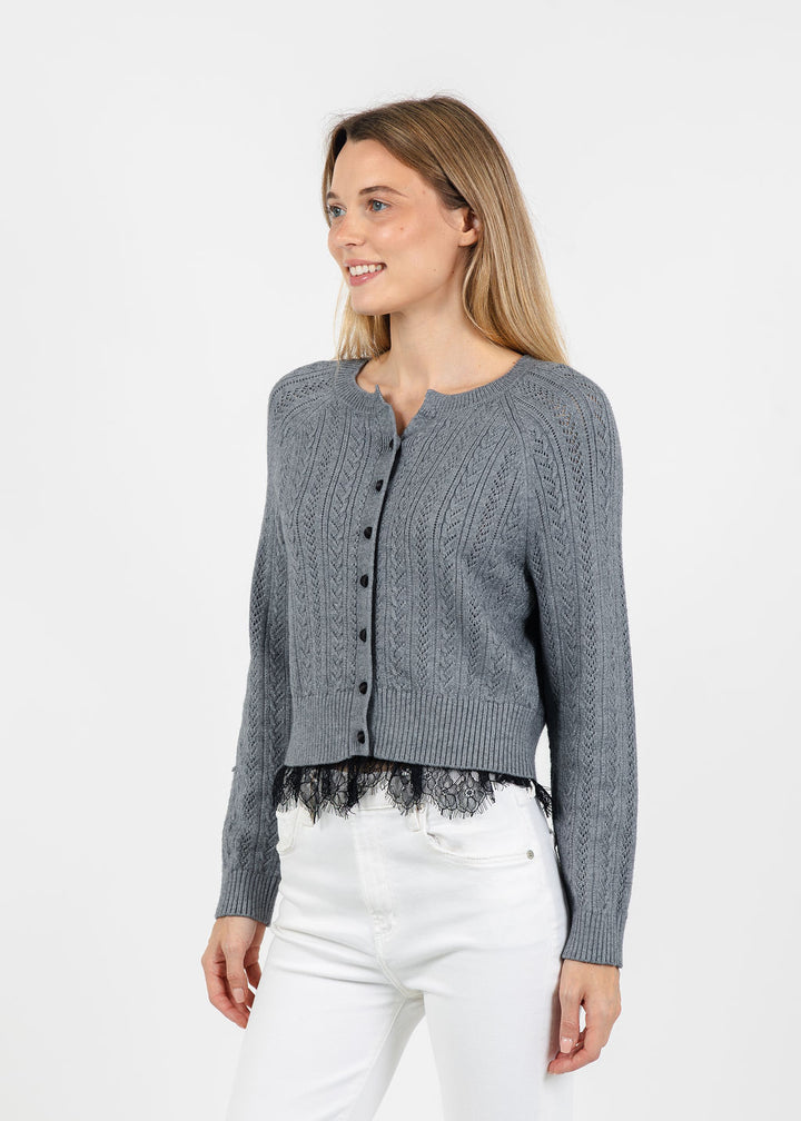 Central Park West Scarlet Lace Trim Cardigan in Heather Grey available at Barbara Katz