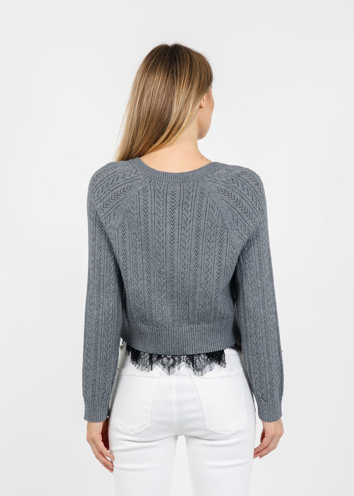 Central Park West Scarlet Lace Trim Cardigan in Heather Grey available at Barbara Katz