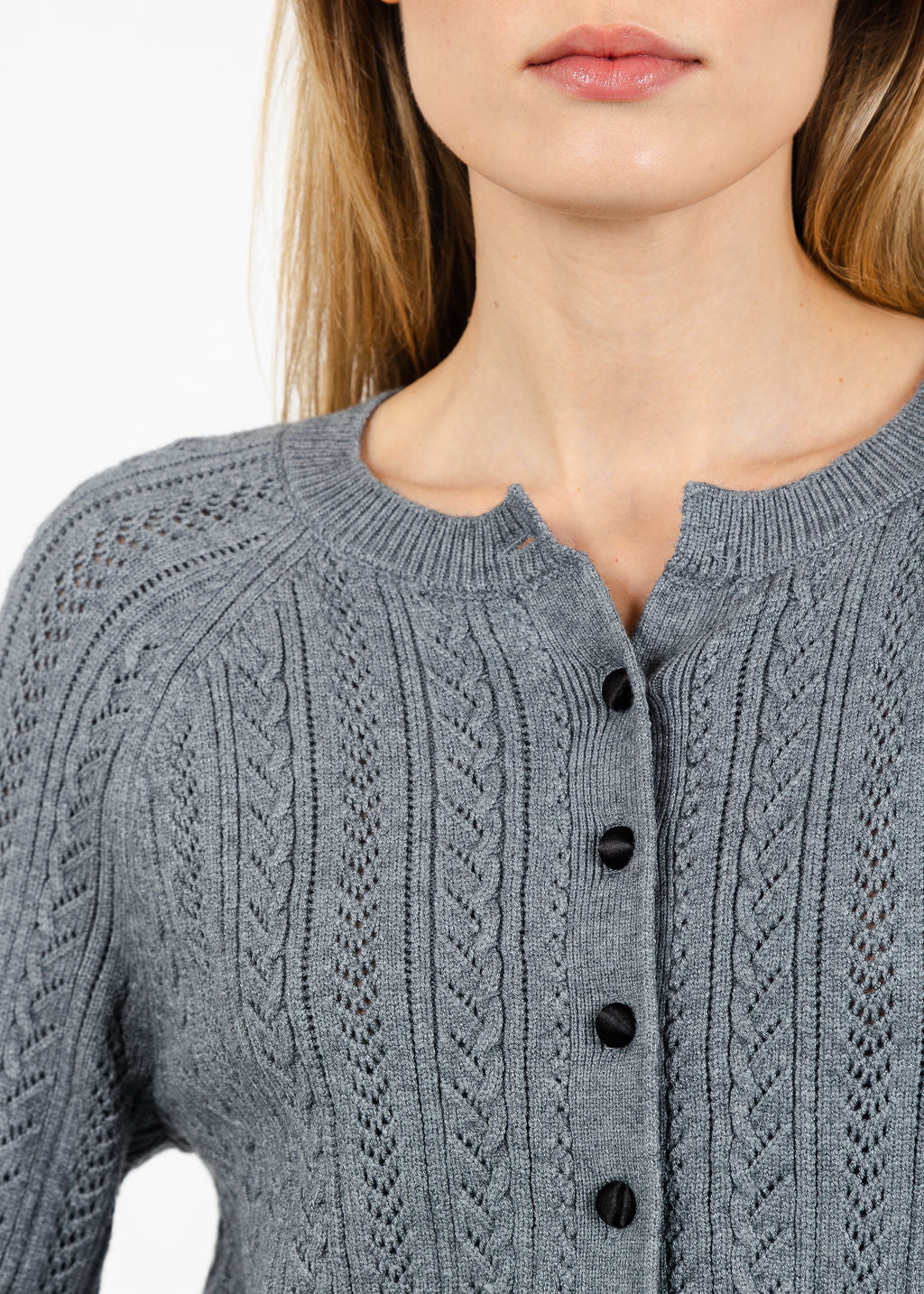 Central Park West Scarlet Lace Trim Cardigan in Heather Grey available at Barbara Katz