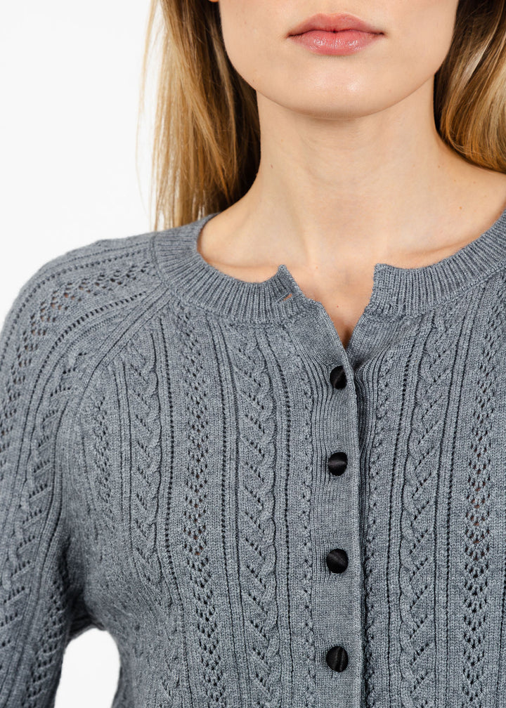 Central Park West Scarlet Lace Trim Cardigan in Heather Grey available at Barbara Katz