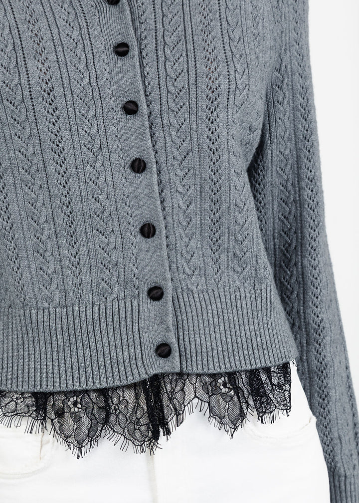 Central Park West Scarlet Lace Trim Cardigan in Heather Grey available at Barbara Katz
