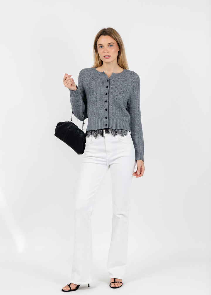 Central Park West Scarlet Lace Trim Cardigan in Heather Grey available at Barbara Katz