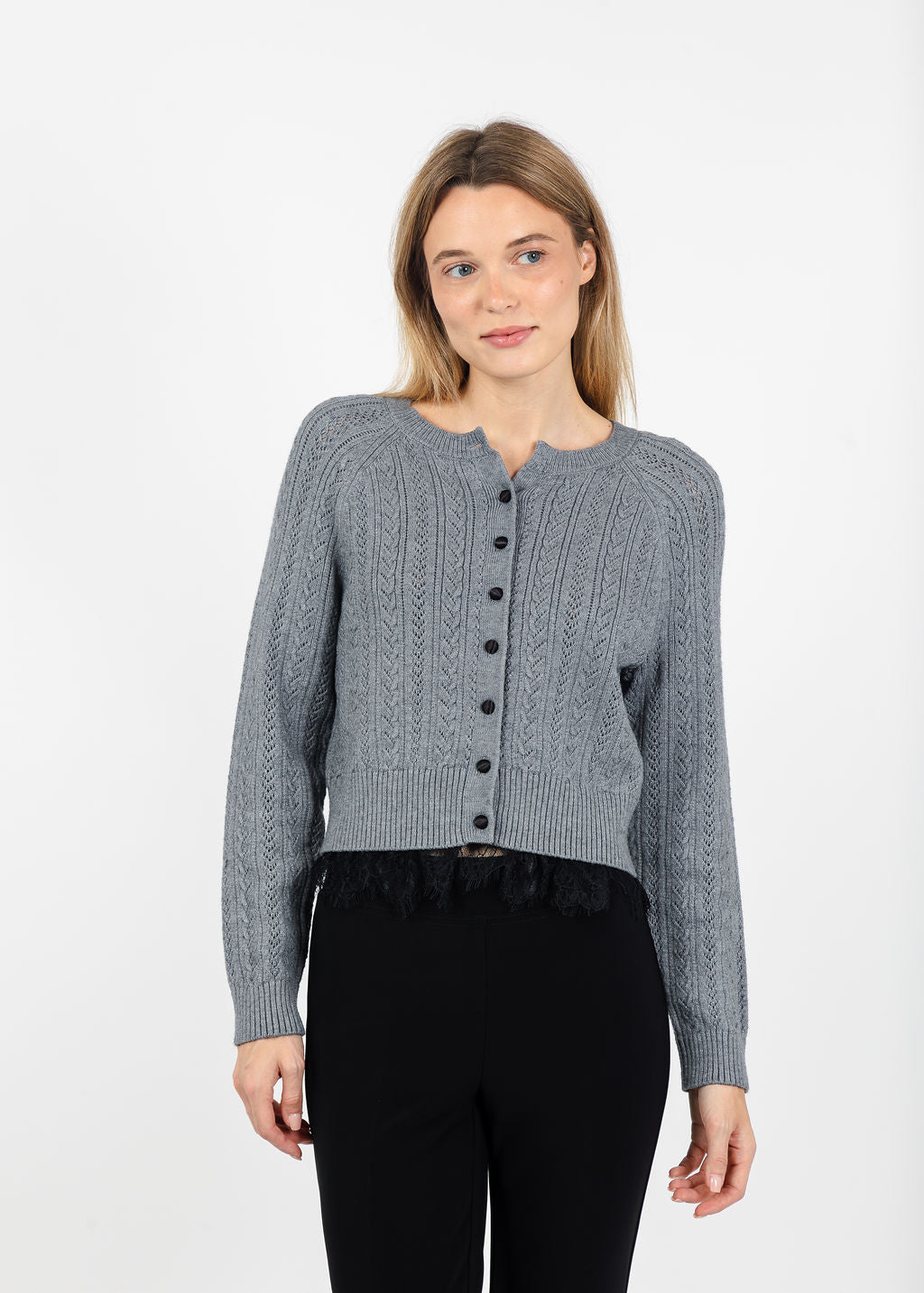 Central Park West Scarlet Lace Trim Cardigan in Heather Grey available at Barbara Katz