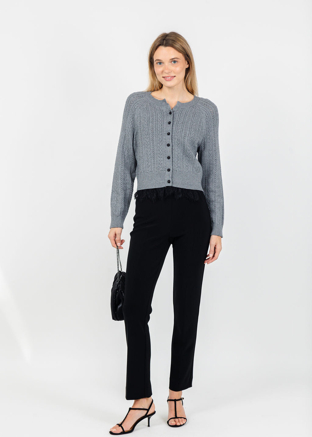 Central Park West Scarlet Lace Trim Cardigan in Heather Grey available at Barbara Katz