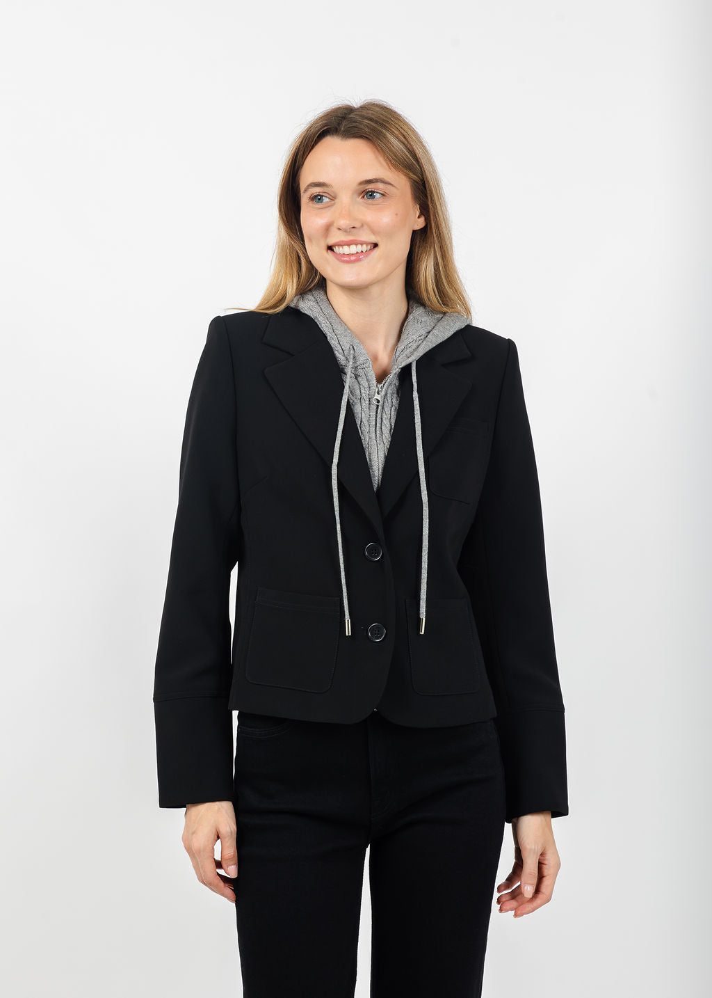 Central Park West Sienna Jacket With Cable Hooded Dickey in Black available at Barbara Katz