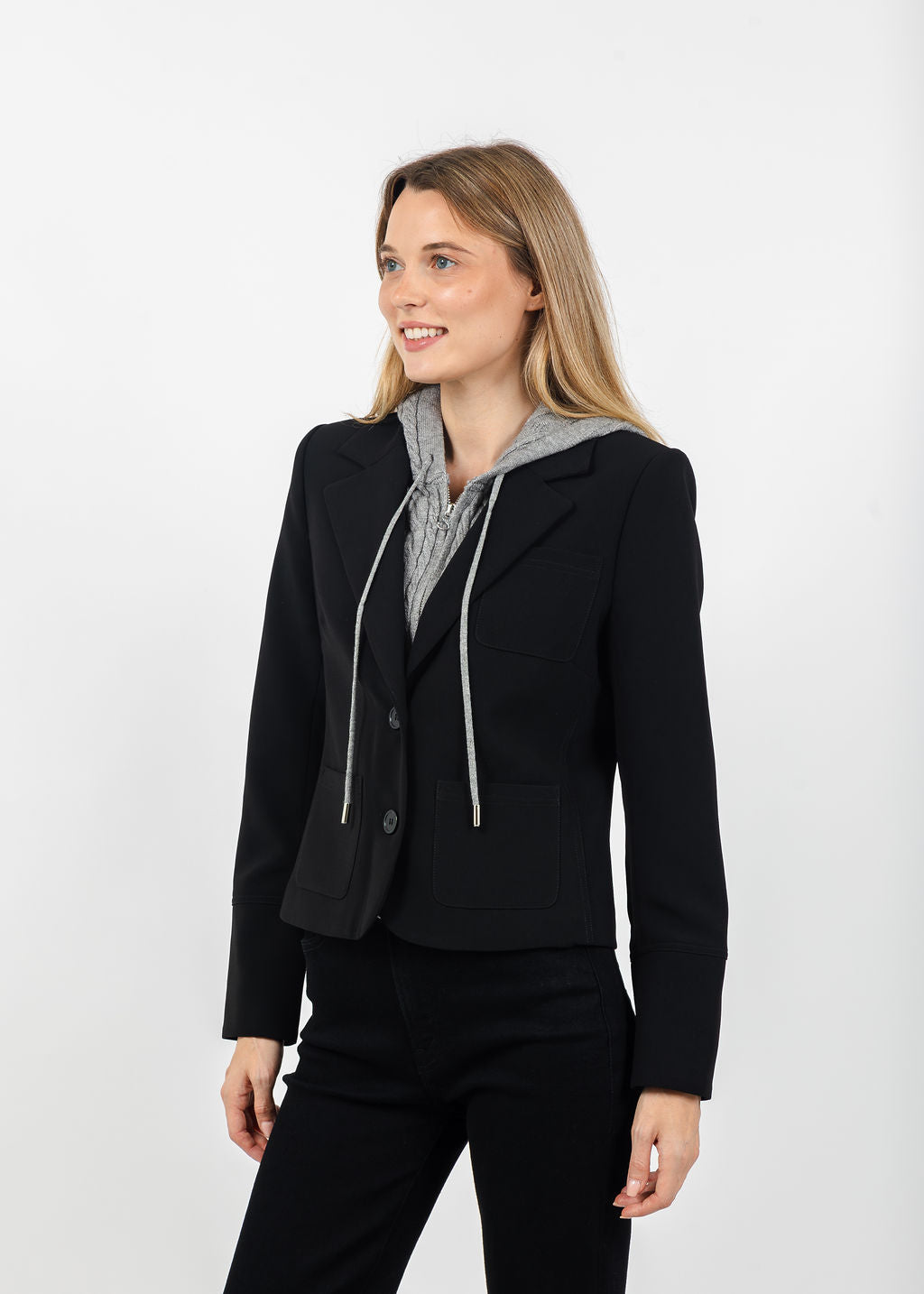 Central Park West Sienna Jacket With Cable Hooded Dickey in Black available at Barbara Katz