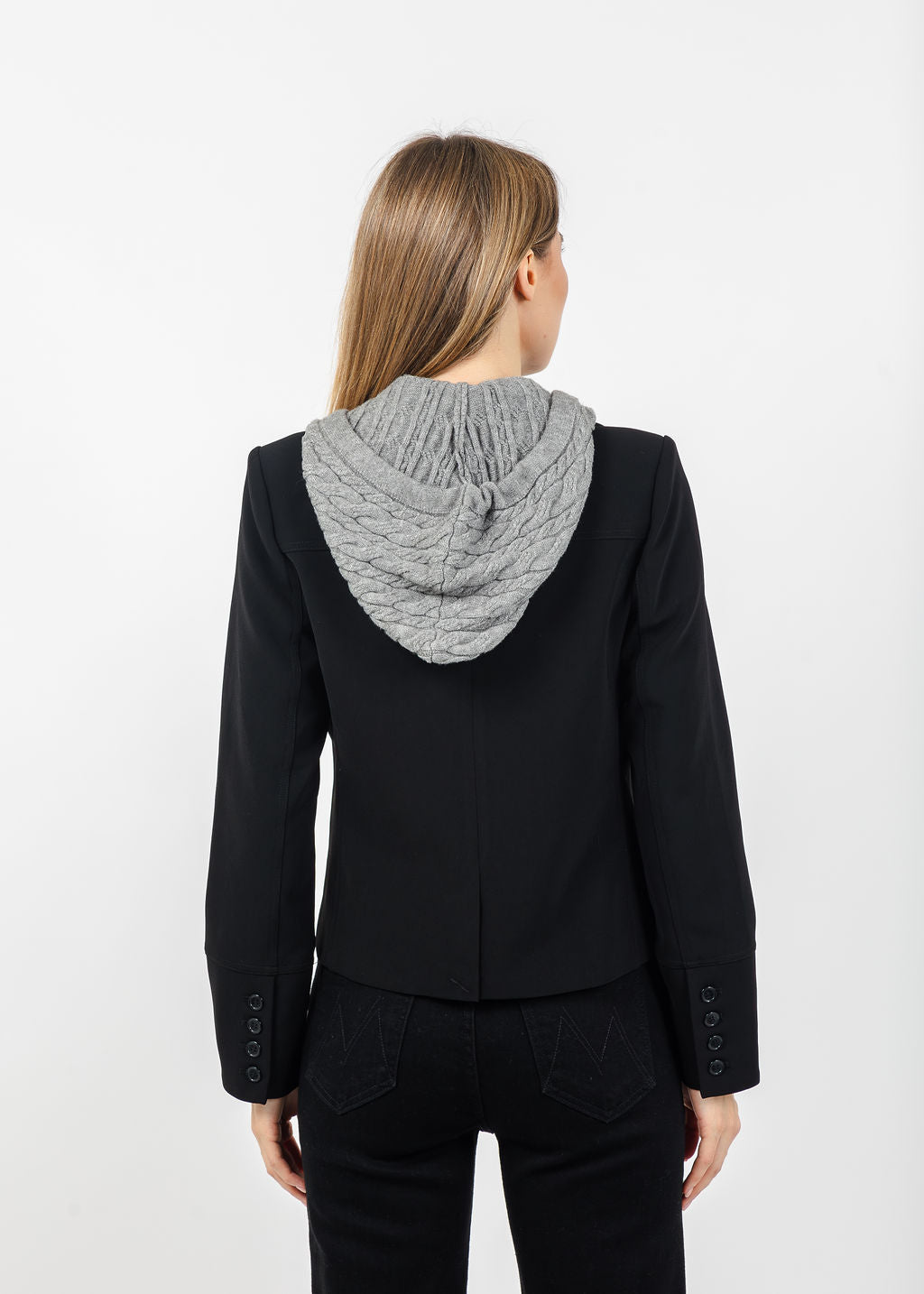 Central Park West Sienna Jacket With Cable Hooded Dickey in Black available at Barbara Katz