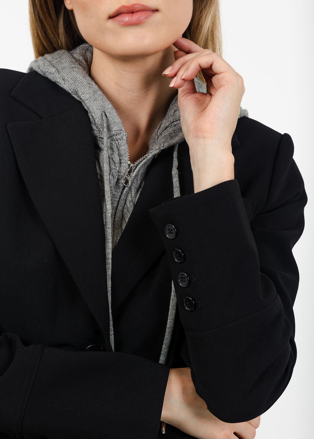 Central Park West Sienna Jacket With Cable Hooded Dickey in Black available at Barbara Katz