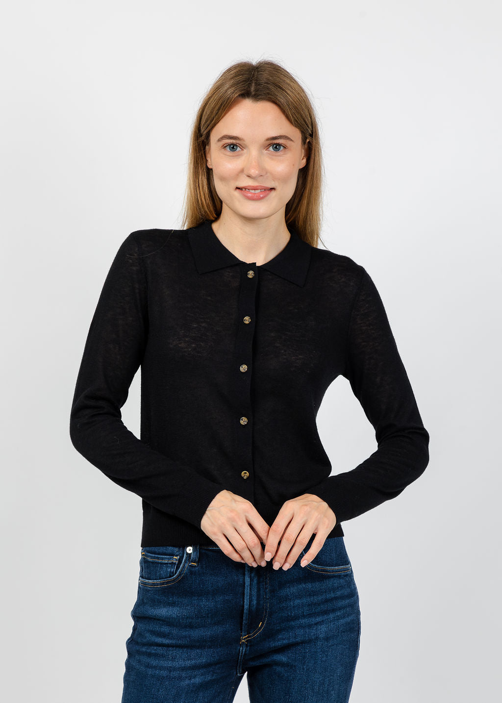 Central Park West Sienna Sheer Isla Button Up Collared Sweater in Black available at Barbara Katz