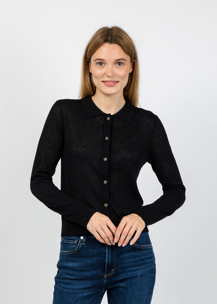 Central Park West Sienna Sheer Isla Button Up Collared Sweater in Black available at Barbara Katz