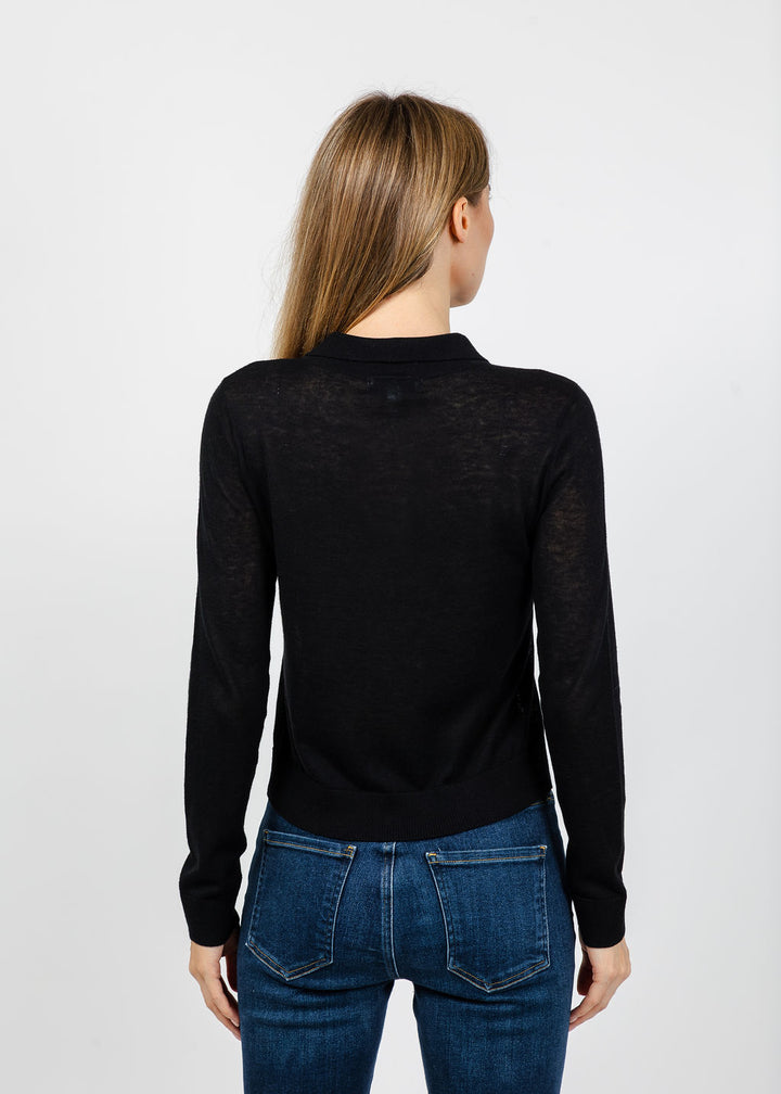 Central Park West Sienna Sheer Isla Button Up Collared Sweater in Black available at Barbara Katz