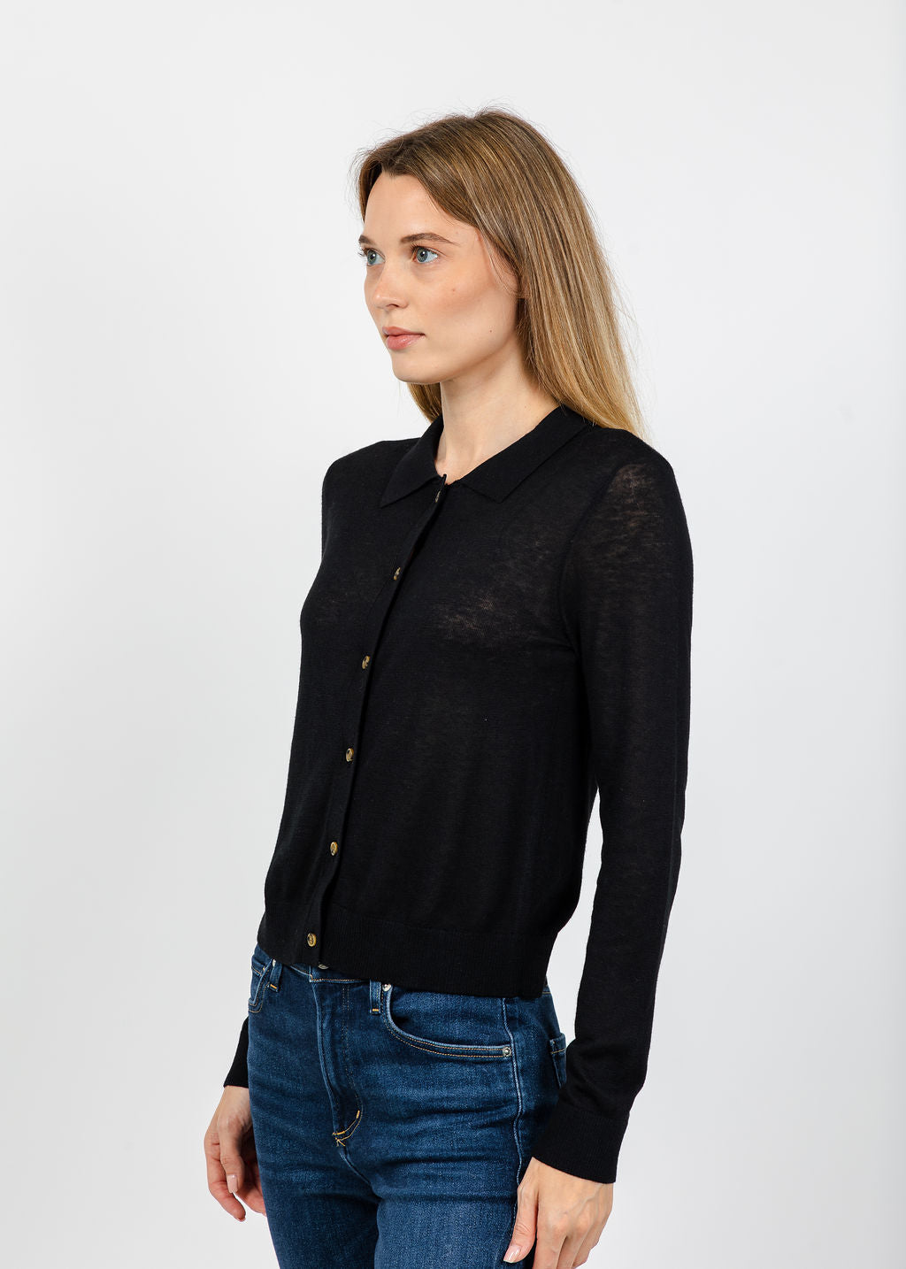 Central Park West Sienna Sheer Isla Button Up Collared Sweater in Black available at Barbara Katz
