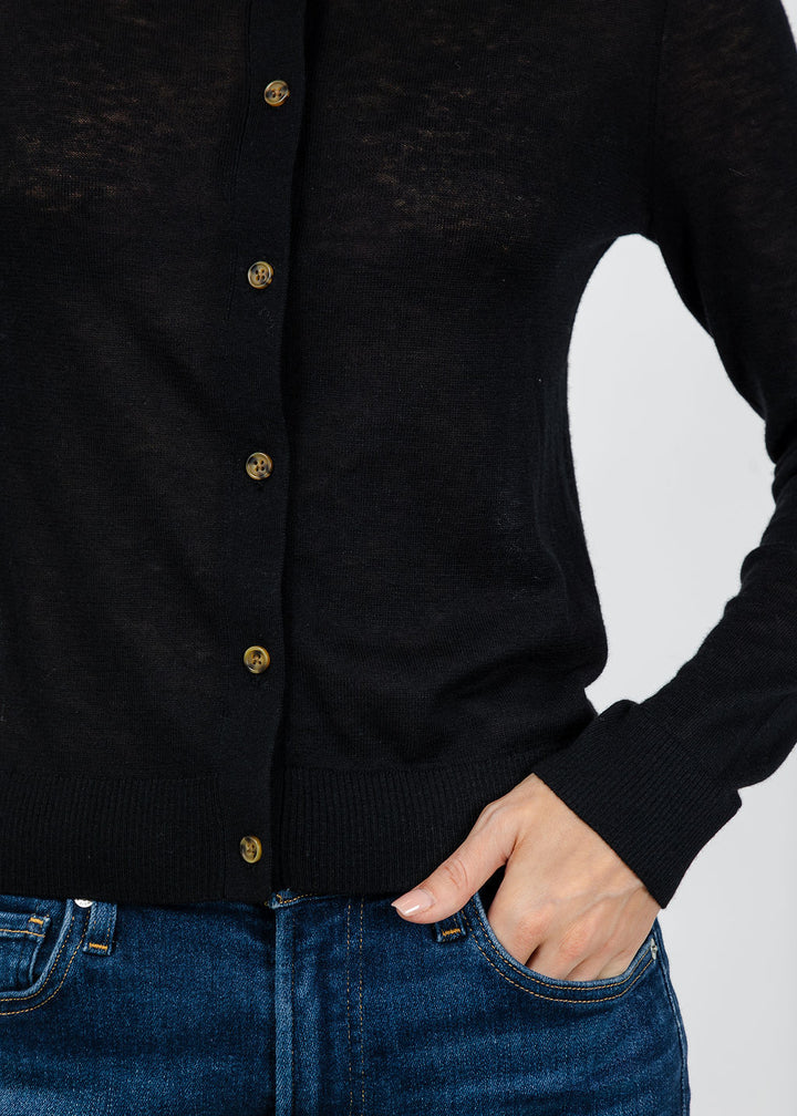 Central Park West Sienna Sheer Isla Button Up Collared Sweater in Black available at Barbara Katz