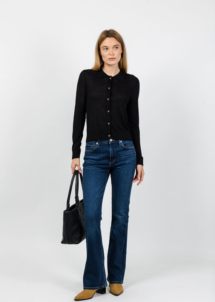 Central Park West Sienna Sheer Isla Button Up Collared Sweater in Black available at Barbara Katz