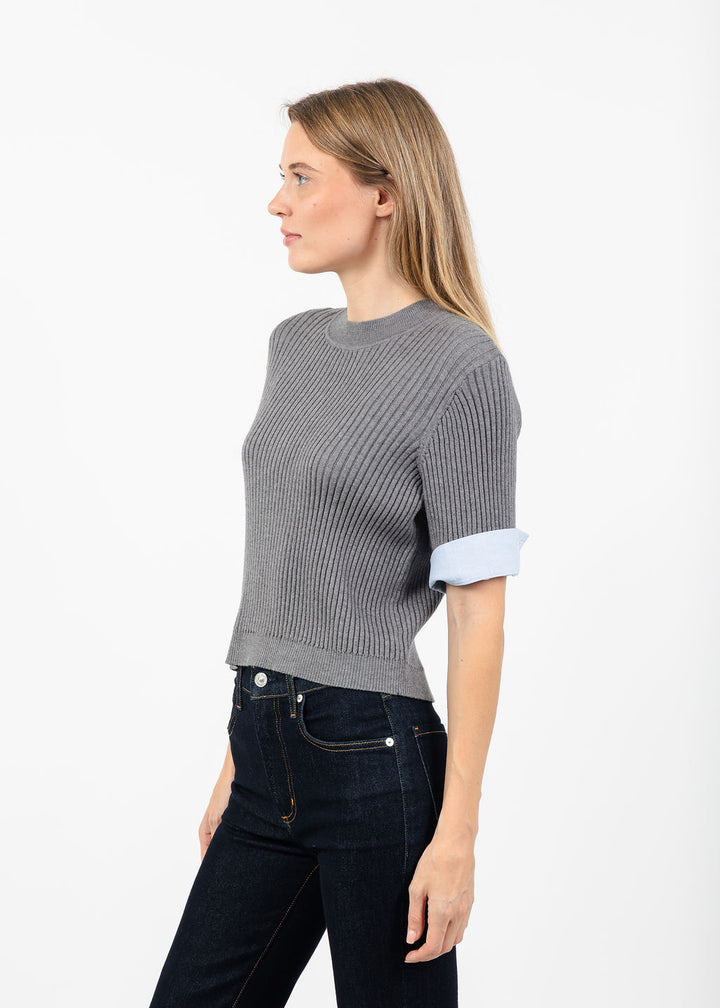Central Park West Sienna Shirt Cuff Sweater in Grey available at Barbara Katz