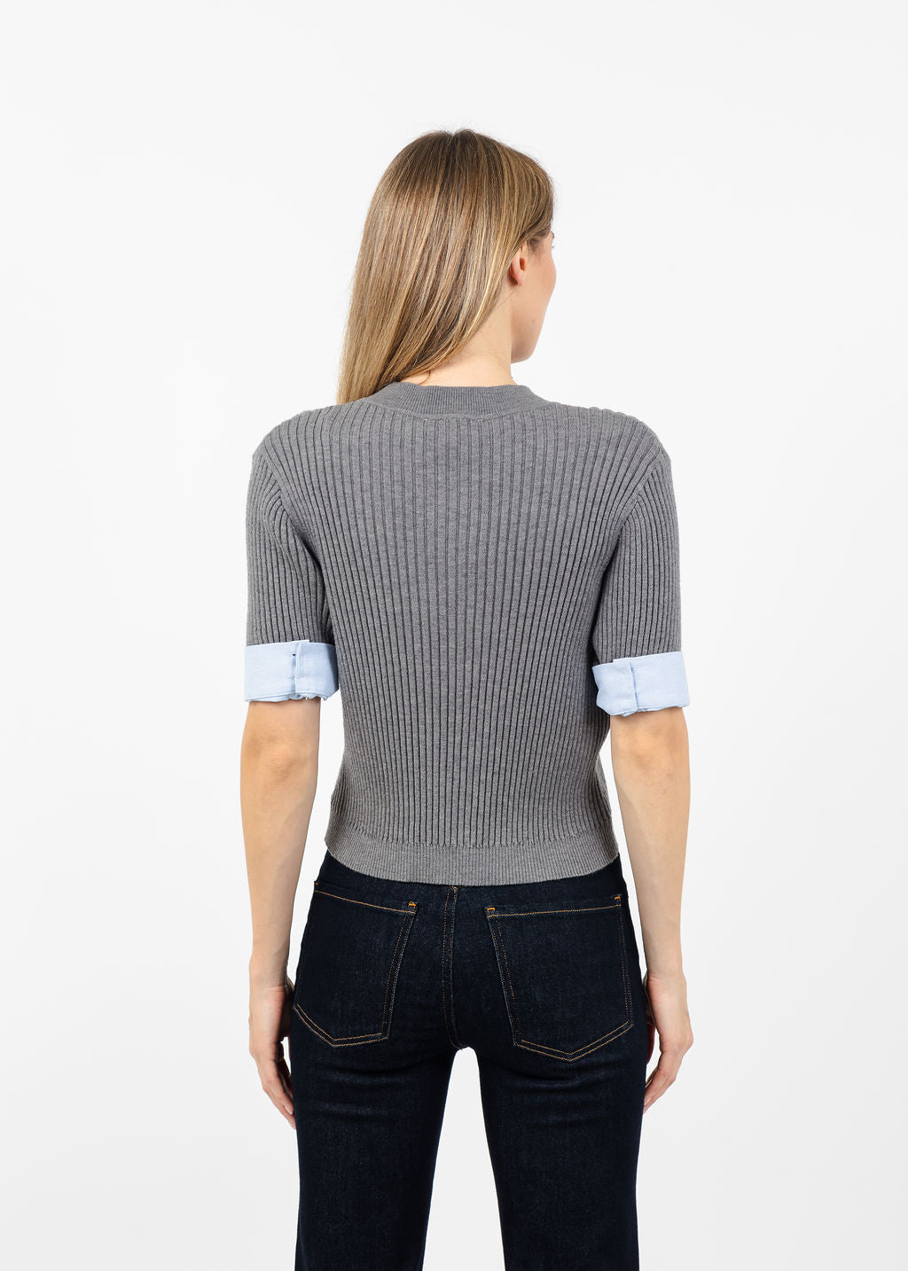 Central Park West Sienna Shirt Cuff Sweater in Grey available at Barbara Katz