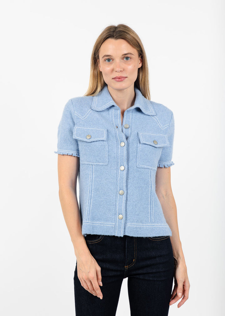 Central Park West Sienna Western Short Sleeve Sweater in Blue available at Barbara Katz