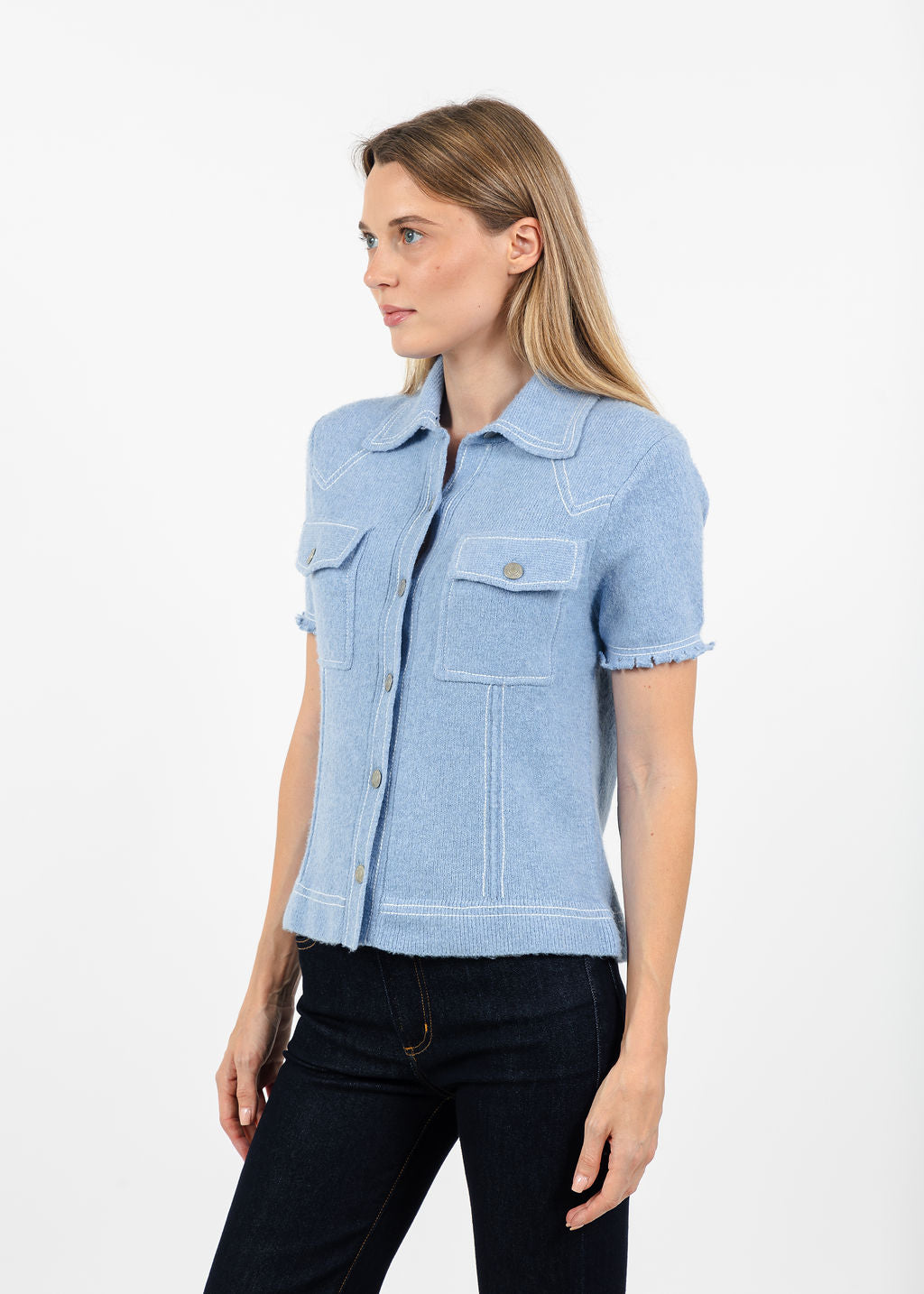 Central Park West Sienna Western Short Sleeve Sweater in Blue available at Barbara Katz