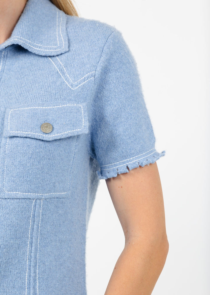 Central Park West Sienna Western Short Sleeve Sweater in Blue available at Barbara Katz