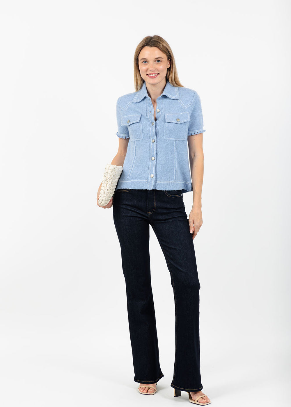 Central Park West Sienna Western Short Sleeve Sweater in Blue available at Barbara Katz